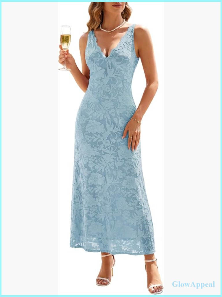 Lace V Neck Floral Mesh Bodycon Maxi Dress Elegant Long Formal